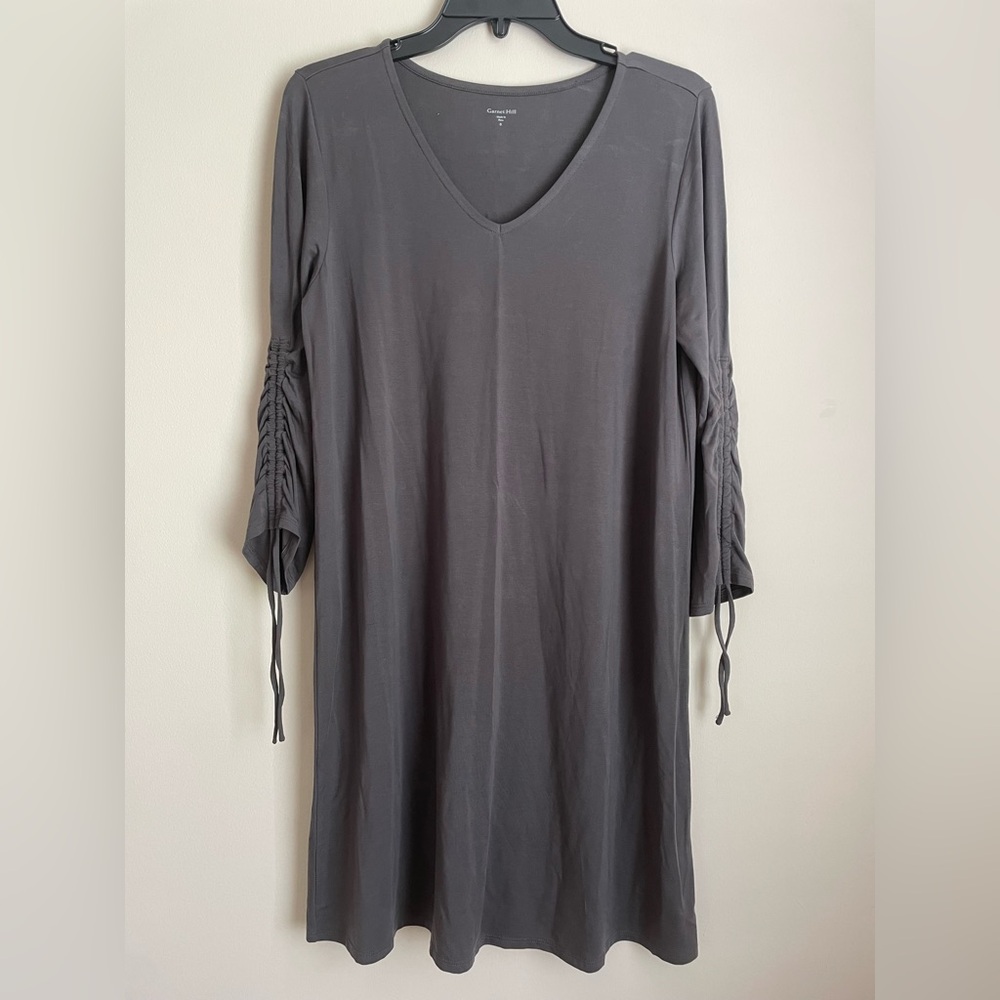 Garnet Hill Gray Tencel Dress 3/4 Ruched Sleeves V-neck Size Small